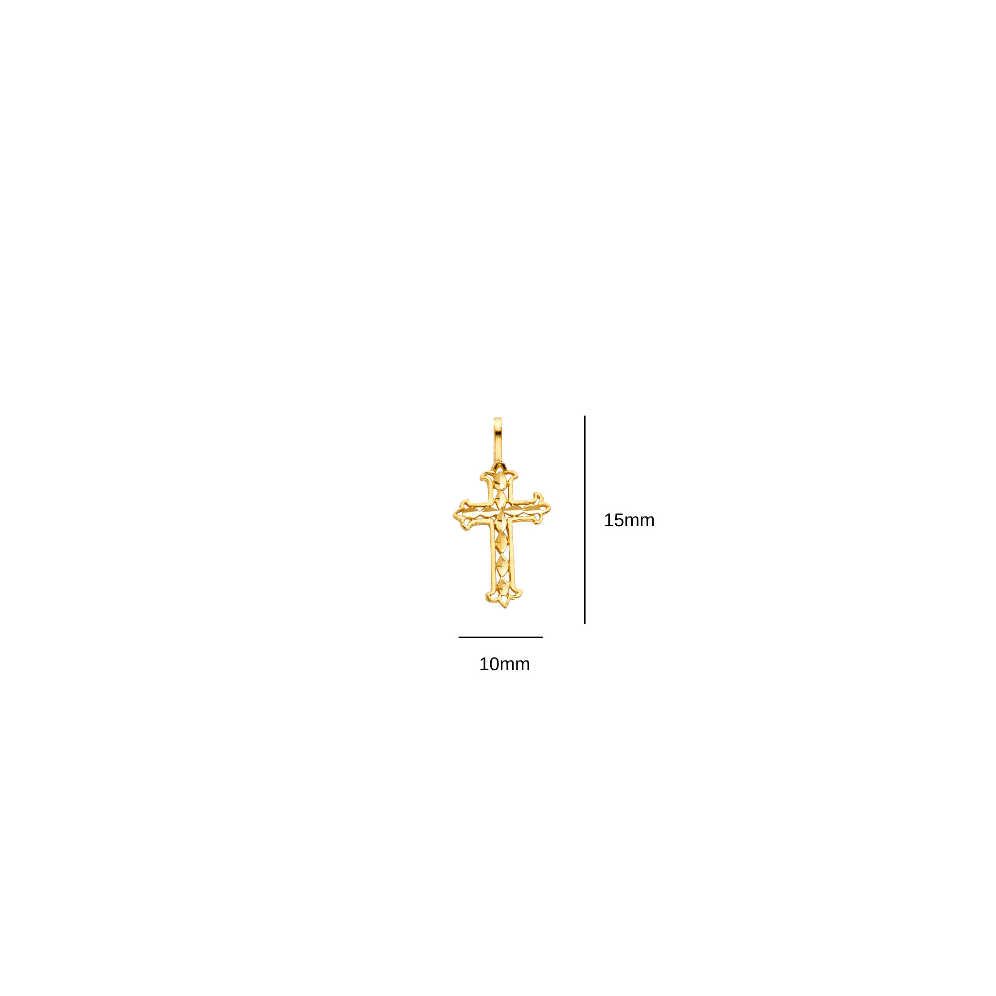 Close up of 15mm x 10mm solid 14k gold diamond-cut cross centerpiece