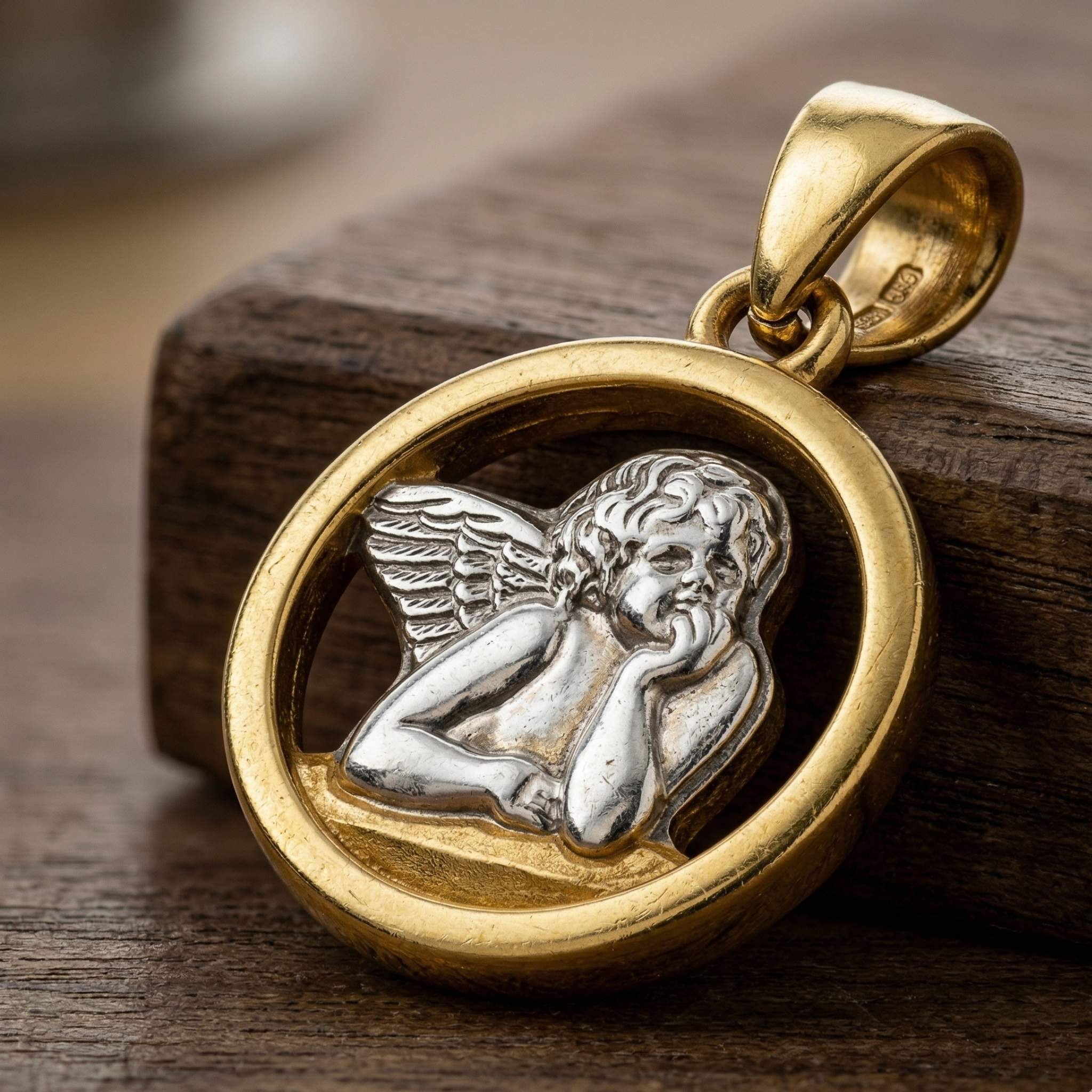 Small 14k yellow gold guardian angel necklace charm front view