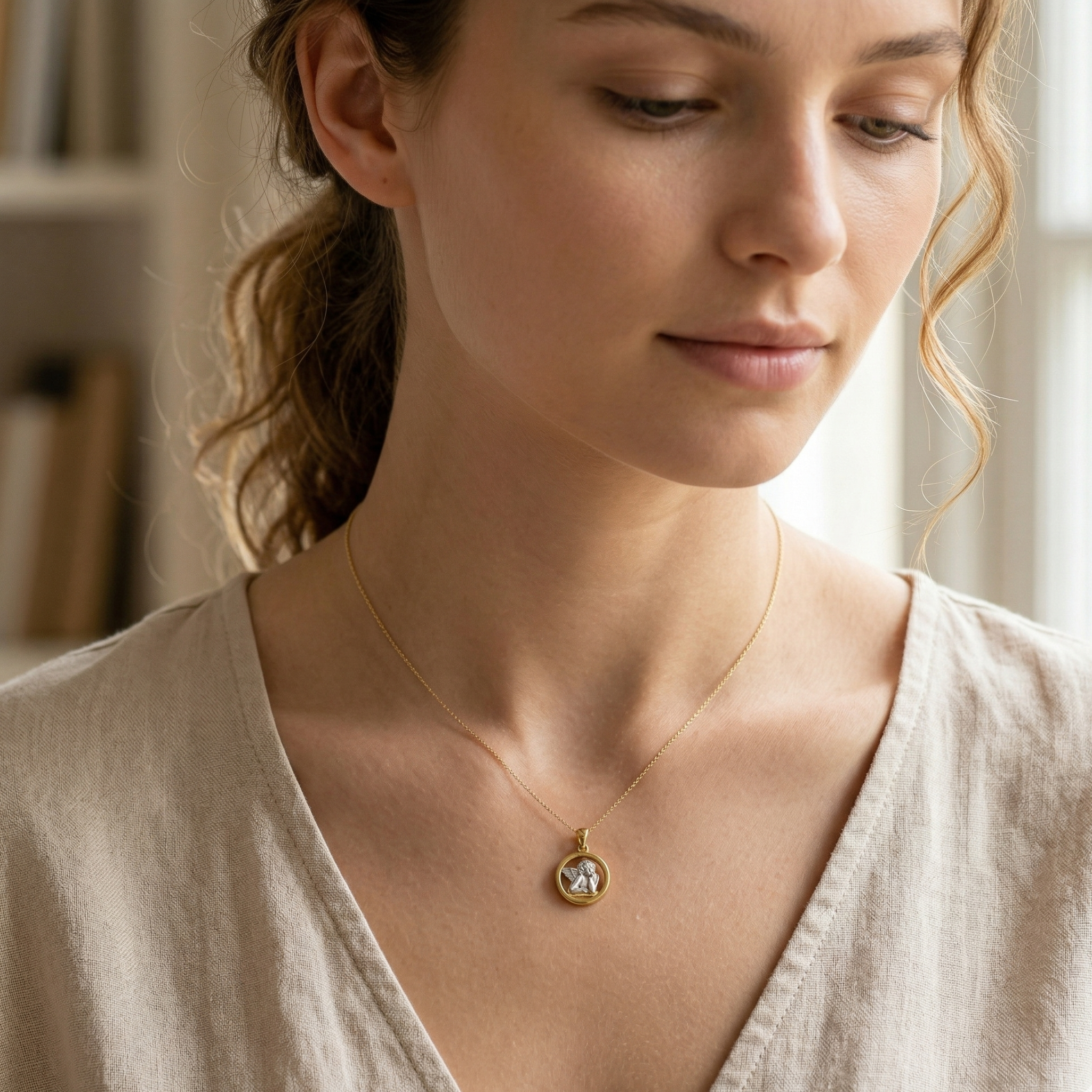 High-polish two-tone 14k gold religious medallion 15mm height