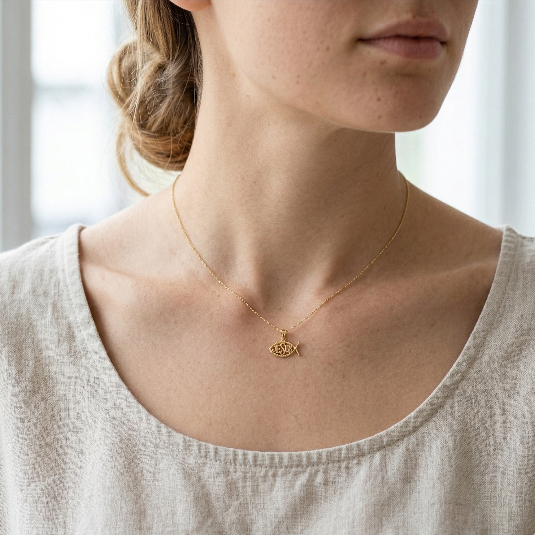 High-polish 14k gold religious pendant with "JESUS" script center