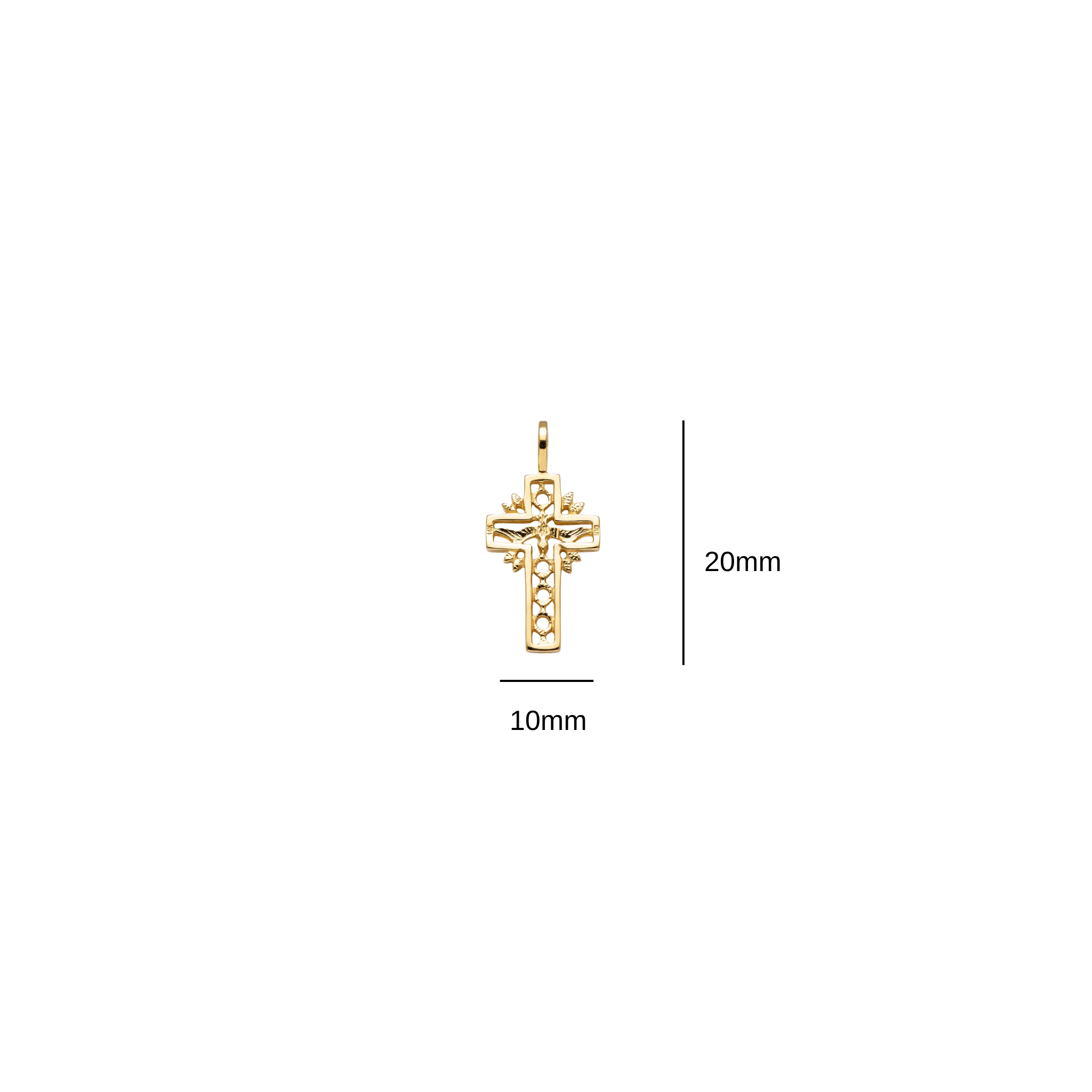 Close up of 20mm x 10mm solid 14k gold dove and cross centerpiece
