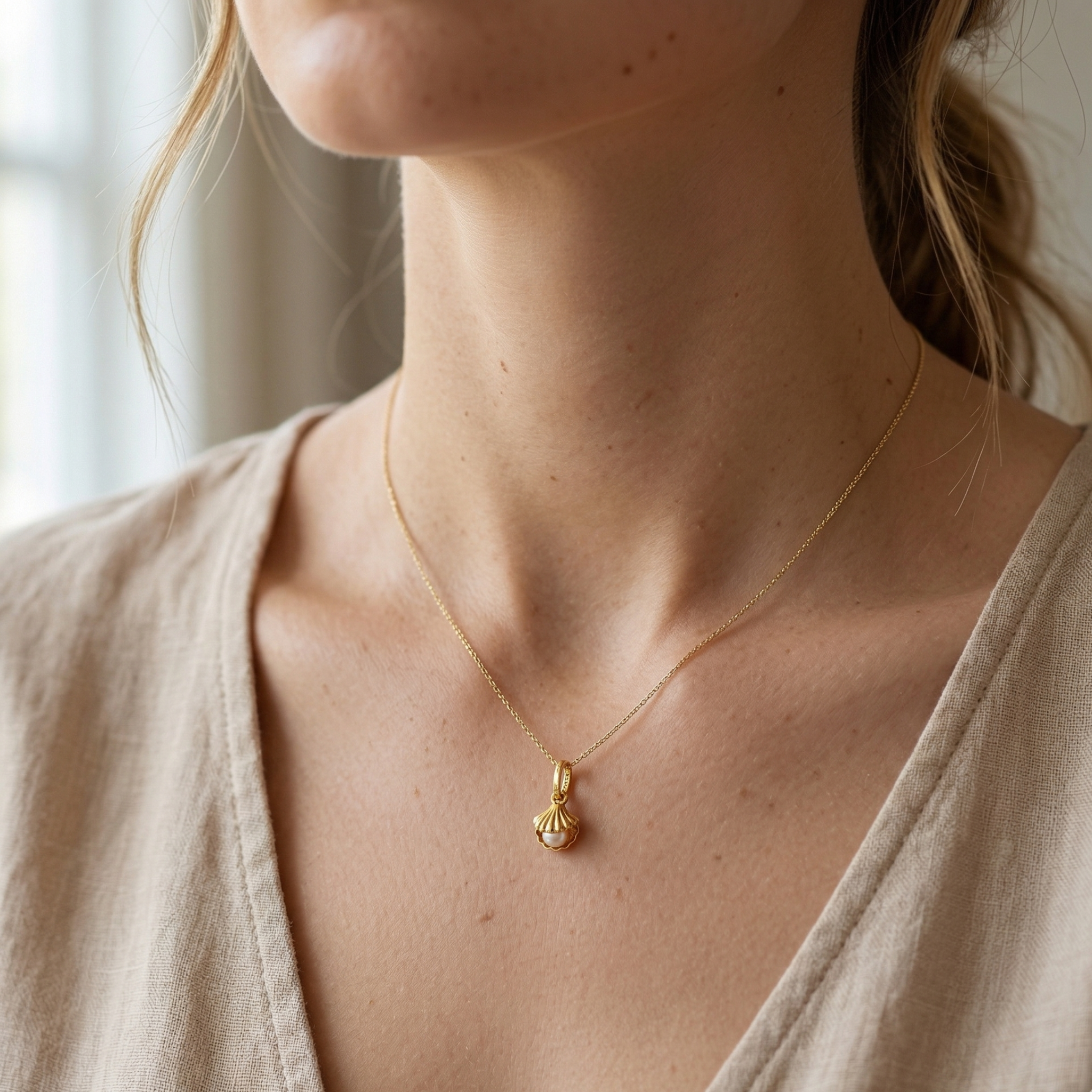 Dainty yellow gold seashell charm 8mm height front view