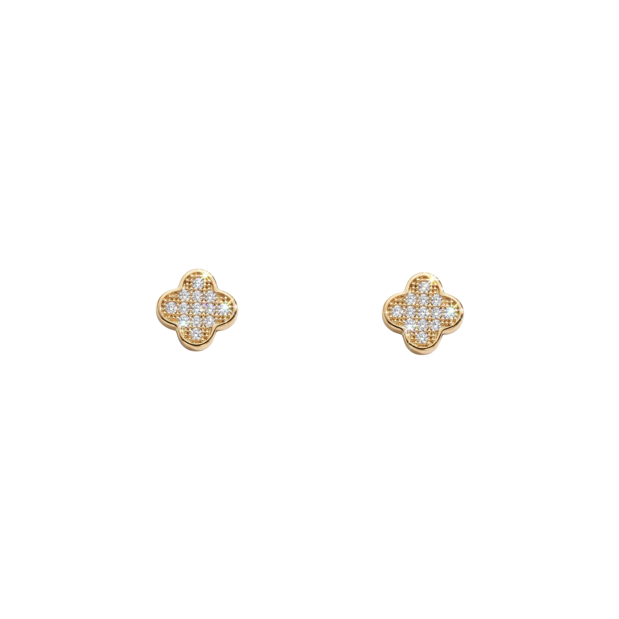 Small 14k yellow gold clover studs with white gold pavé for curated ear