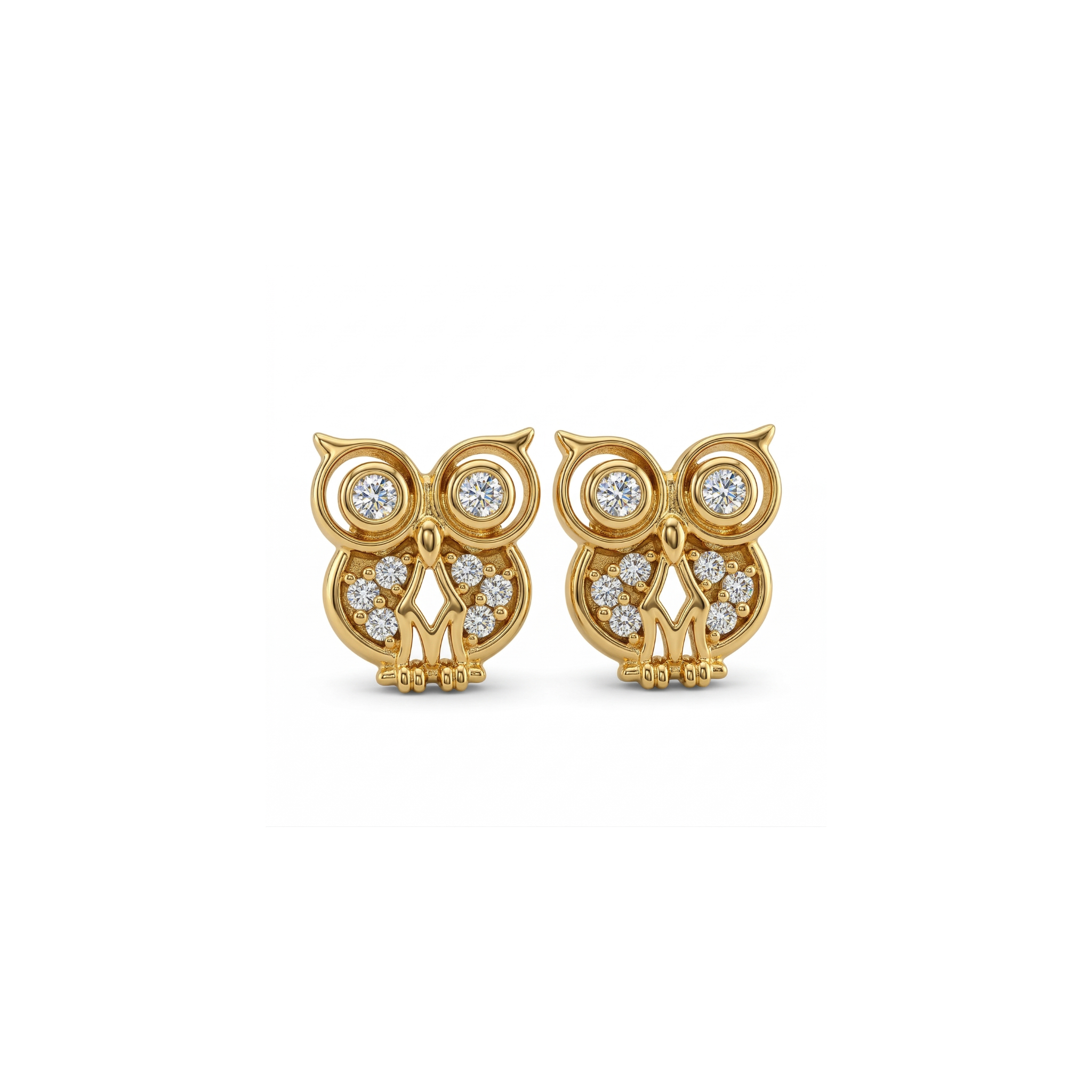 Small 14k yellow gold owl studs for curated ear mapping