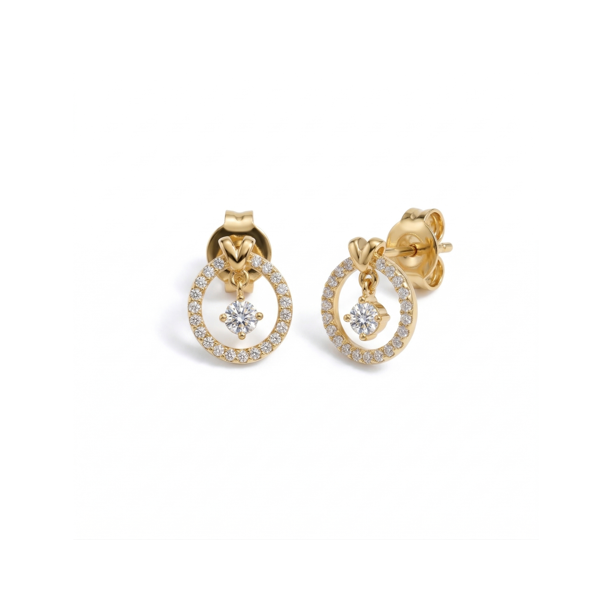 Modern 14k yellow gold halo studs for women on white background