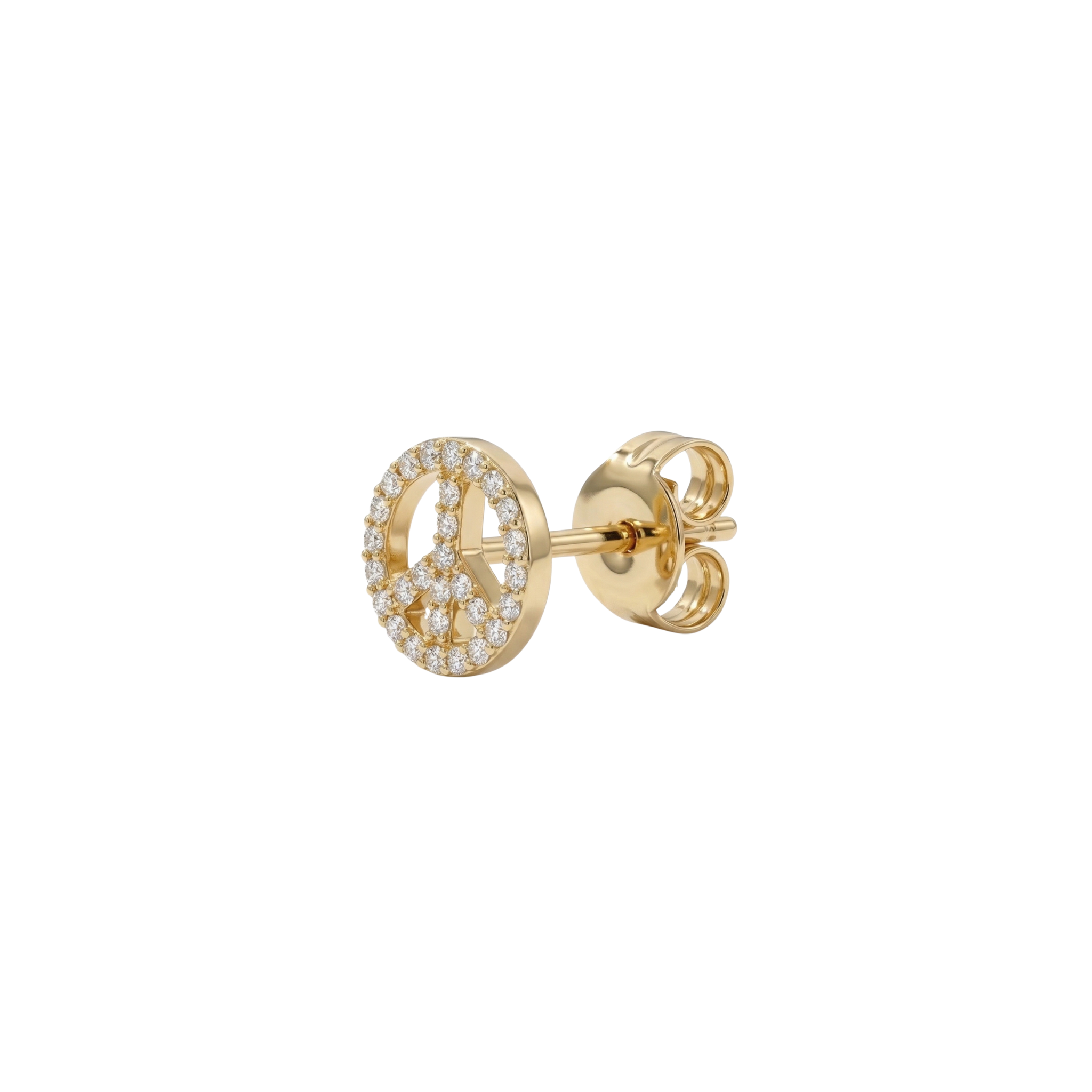 High-polish 14k gold symbolic earrings with shimmering detail on white background