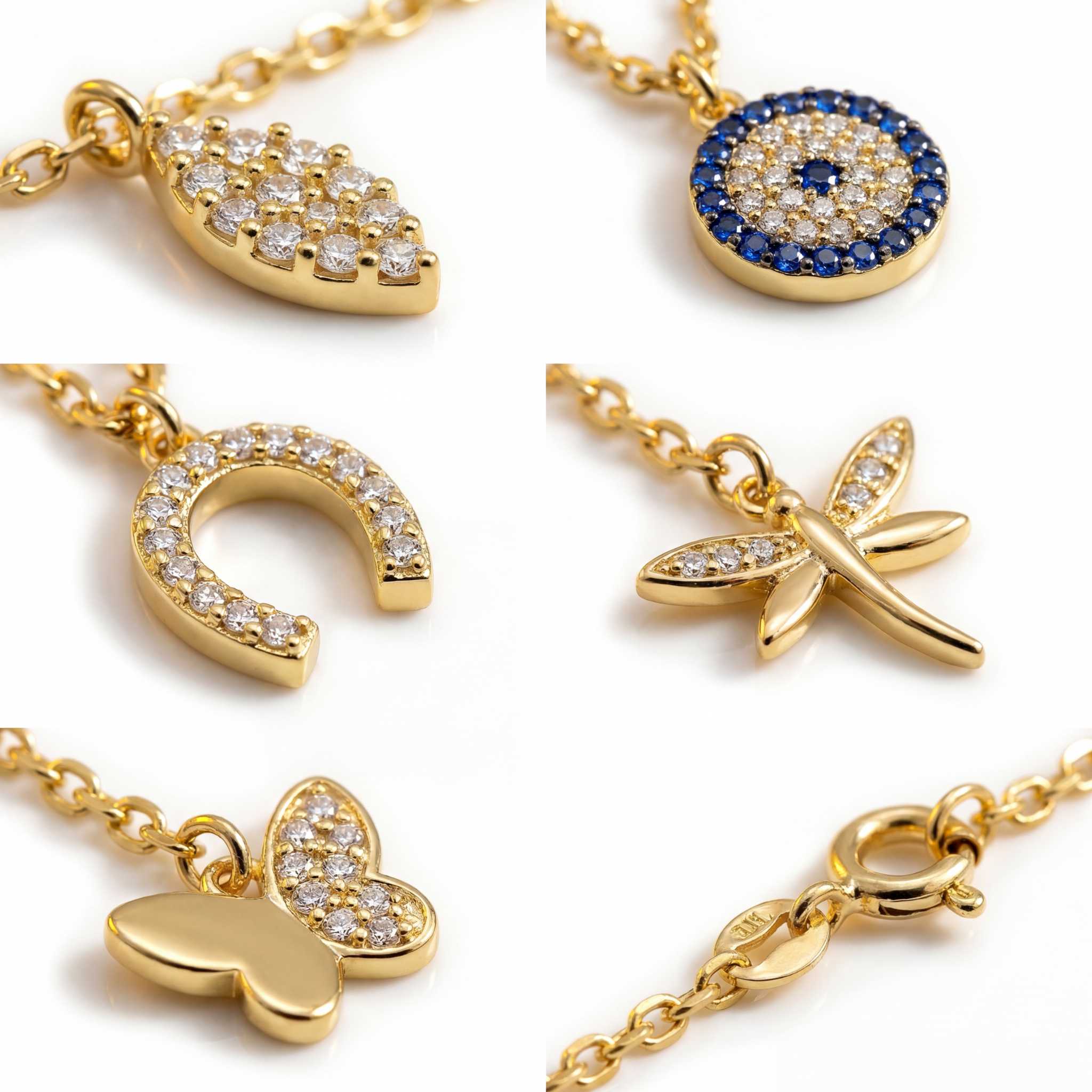 Collection of gold necklaces with various pendants on a white background
