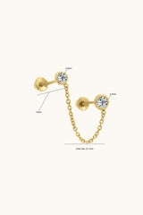 14K Solid Gold 2 Bezel Studs Chain Linked Screw Back Earring