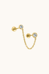 14K Solid Gold 2 Bezel Studs Chain Linked Screw Back Earring