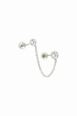 14K Solid Gold 2 Bezel Studs Chain Linked Screw Back Earring