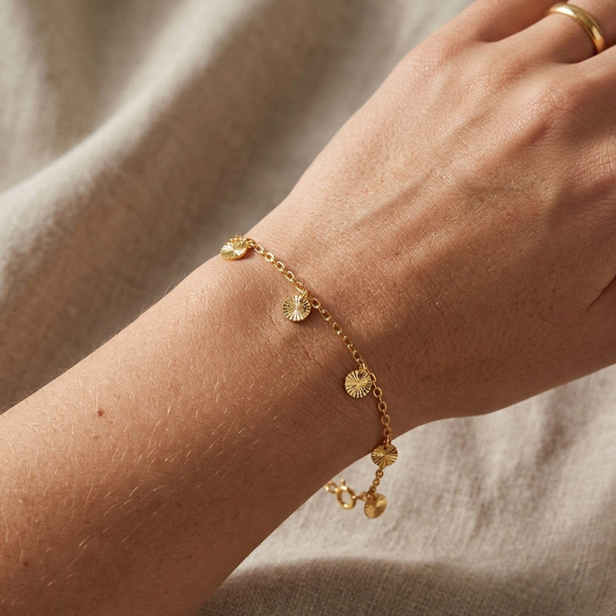 14k solid yellow gold diamond cut disc charm dangle bracelet 7 inch minimalist gold chain bracelet on wrist