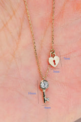 14K Solid Gold CZ Key Heart Locket Charm 16" Necklace - Pretty At Sam