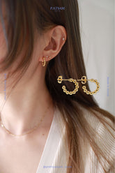 925 Sterling Silver Gold Ball Linked Half Hoop Stud Earrings