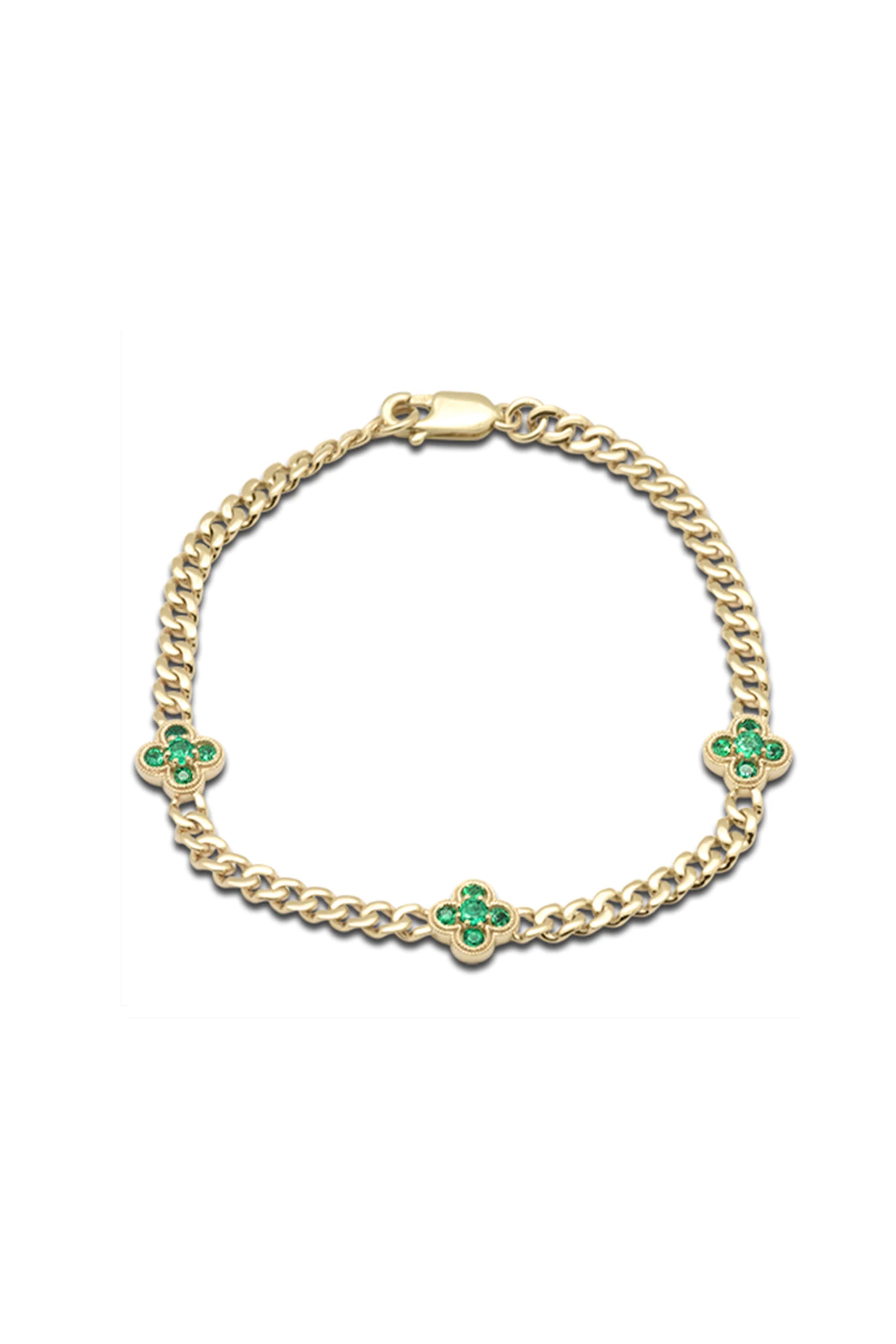 14K Solid Gold Natural Emerald Flower Charm 7" Cuban Chain Bracelet - Pretty At Sam
