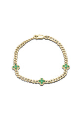 14K Solid Gold Natural Emerald Flower Charm 7" Cuban Chain Bracelet - Pretty At Sam