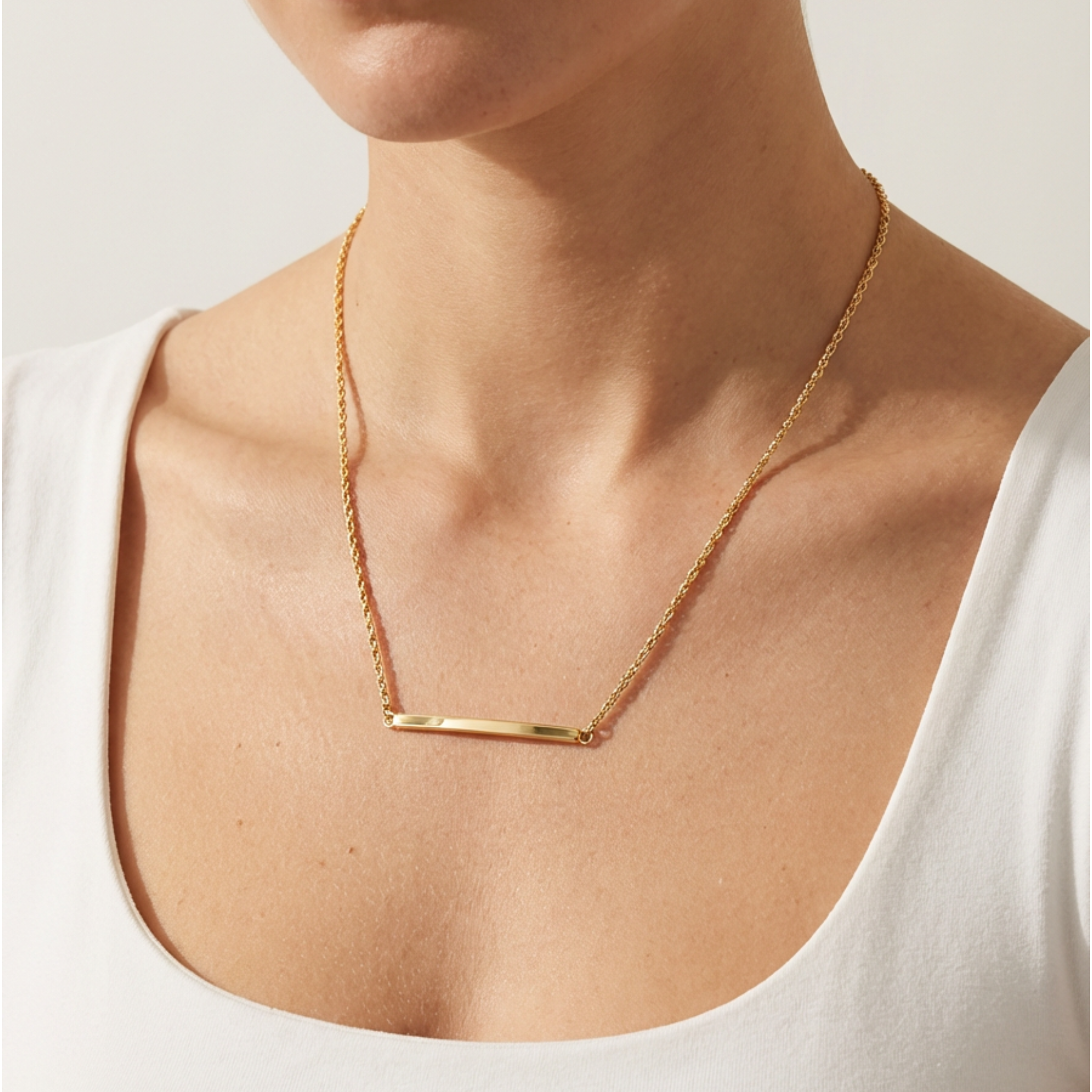 14k Solid Gold Horizontal Bar Necklace | 32mm Rectangle Charm on 17-18" Cable Chain