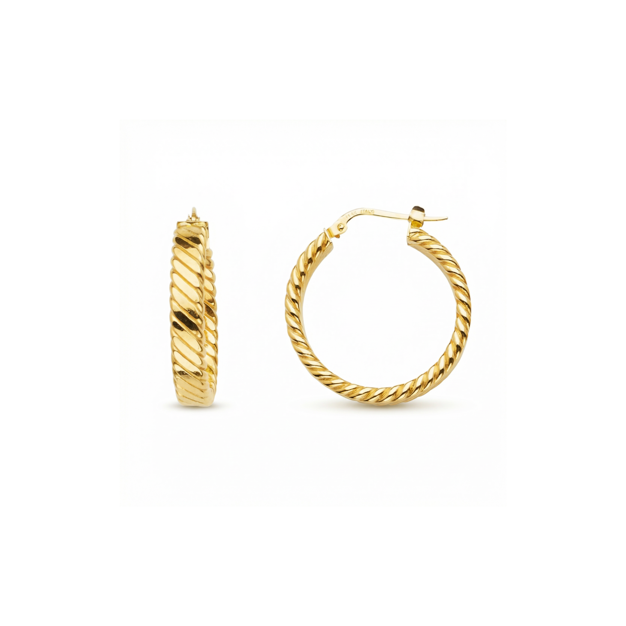 14K Solid Yellow Gold Rope Twist Hoop Earrings – Italian Diamond Cut Textured Hoops 15mm