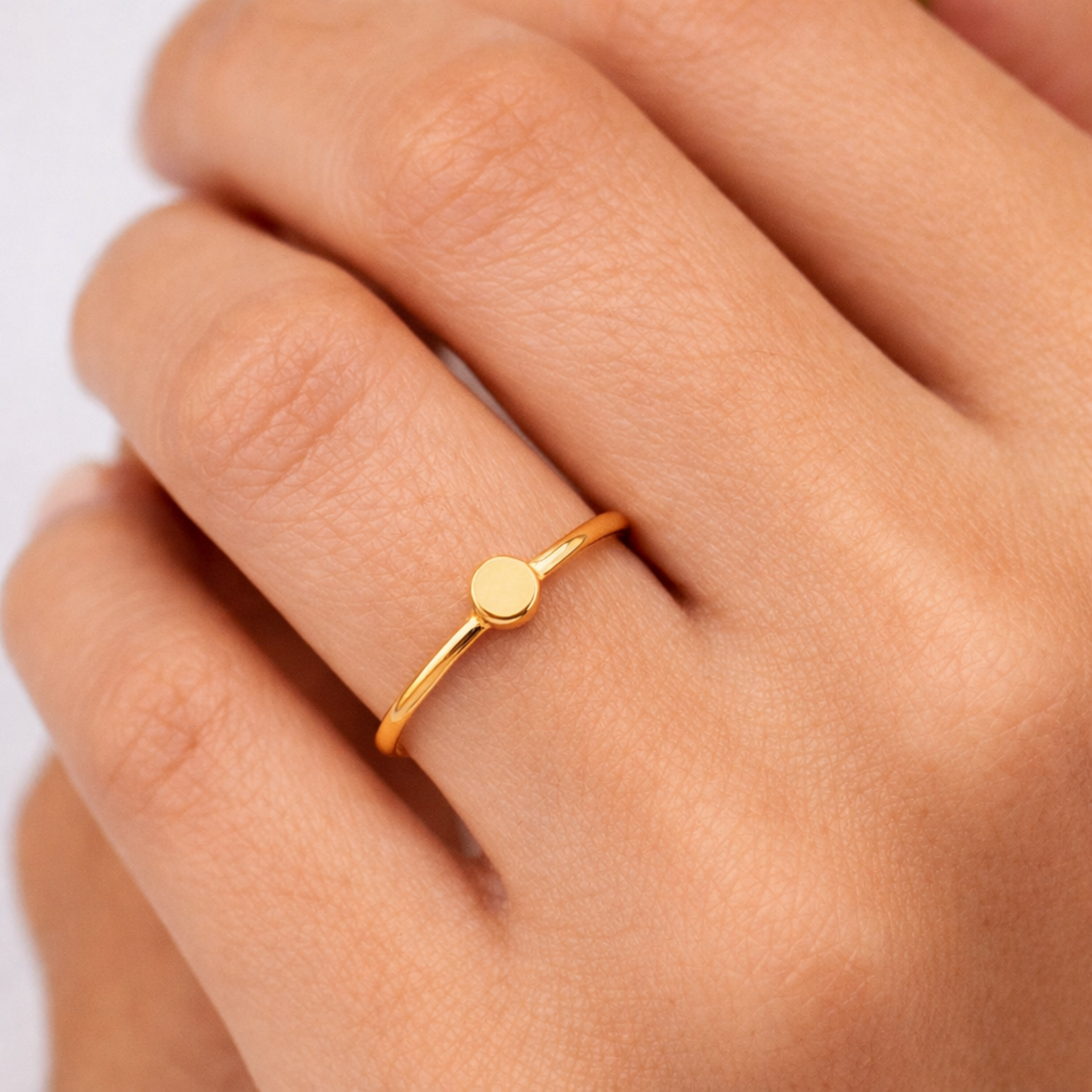 minimal 14k gold personalized initial ring on finger stackable dainty gold jewelry
