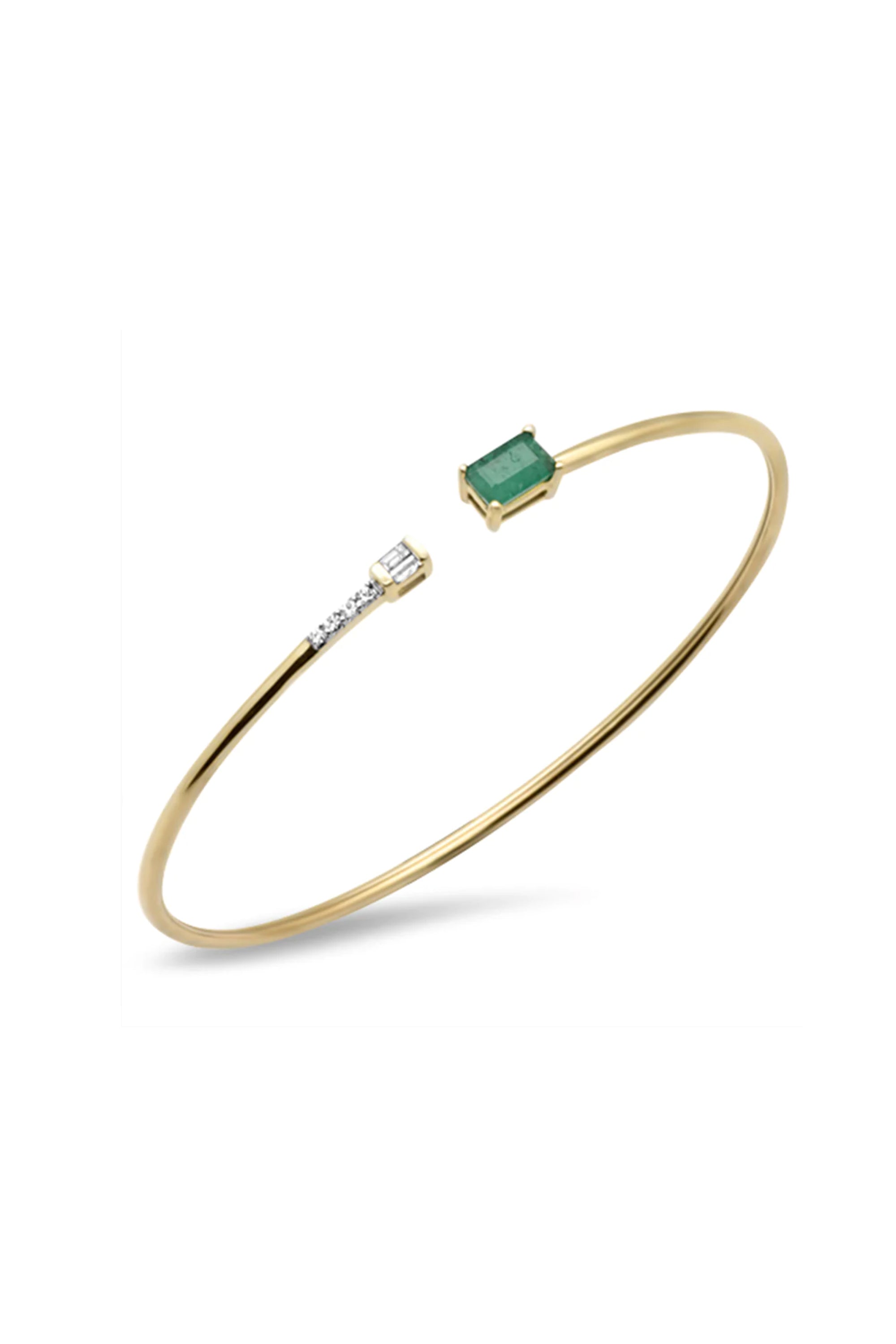 14K Solid Gold Natural Diamond and Emerald Chain 56mm Open Bangle Bracelet - Pretty At Sam