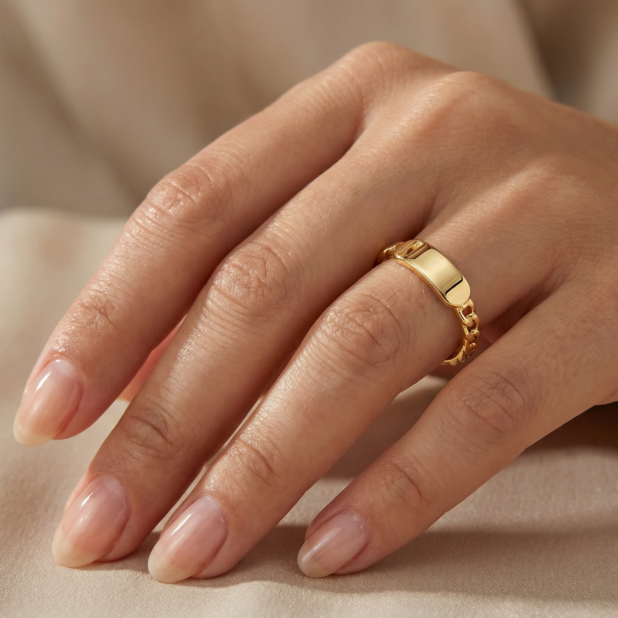 close up 14k gold engravable plate chain ring minimalist gold signet ring