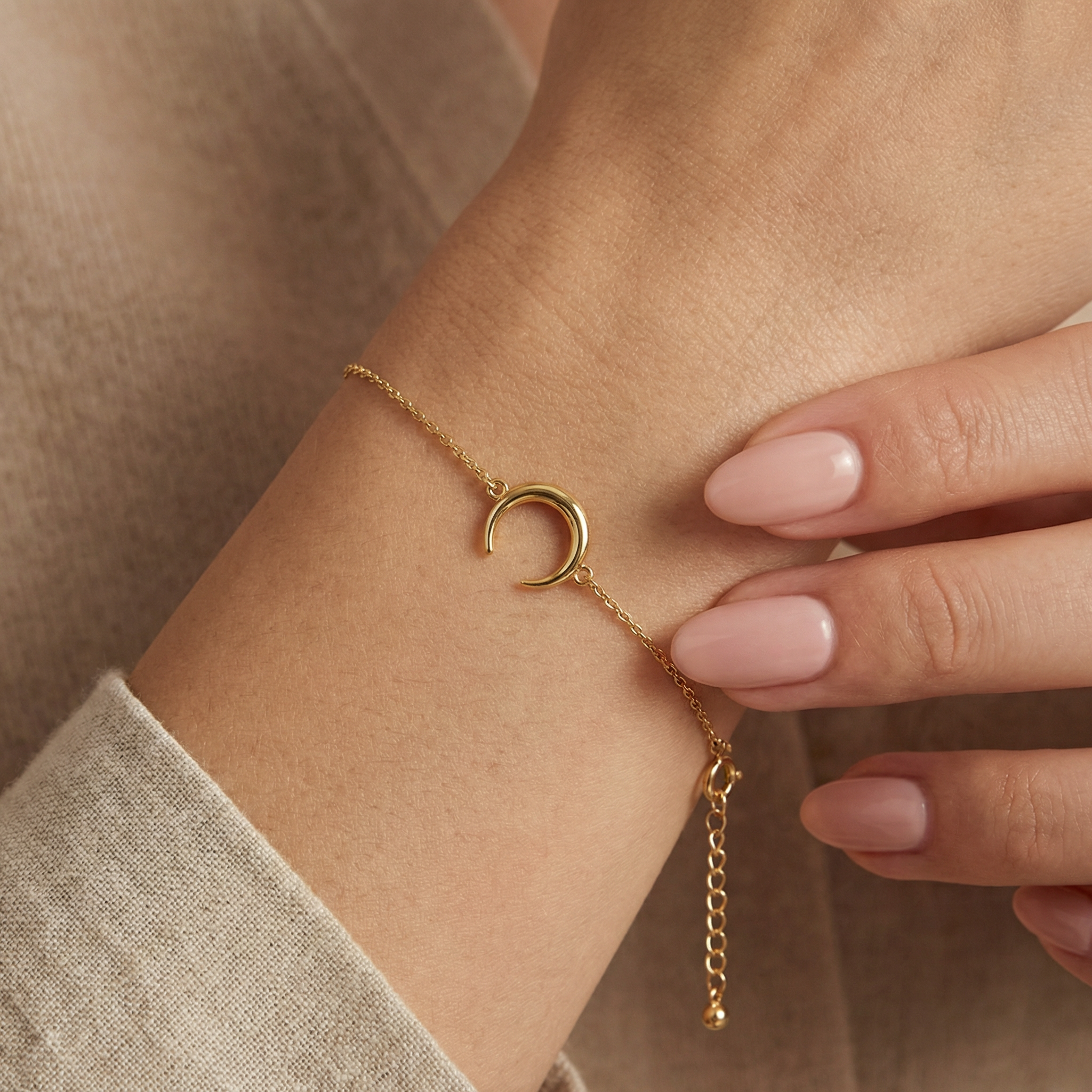 minimal yellow gold moon bracelet close up, delicate everyday fine jewelry