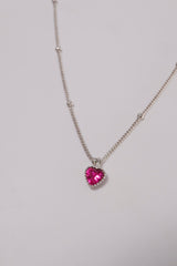 925 Sterling Silver Lab Pink Stone Heart Ball Chain Necklace - Pretty At Sam