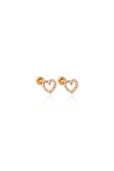 14K Solid Gold CZ XS Clear Stone Open Heart Stud Screw Back Earring - Pretty At Sam
