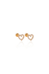 14K Solid Gold CZ XS Clear Stone Open Heart Stud Screw Back Earring - Pretty At Sam