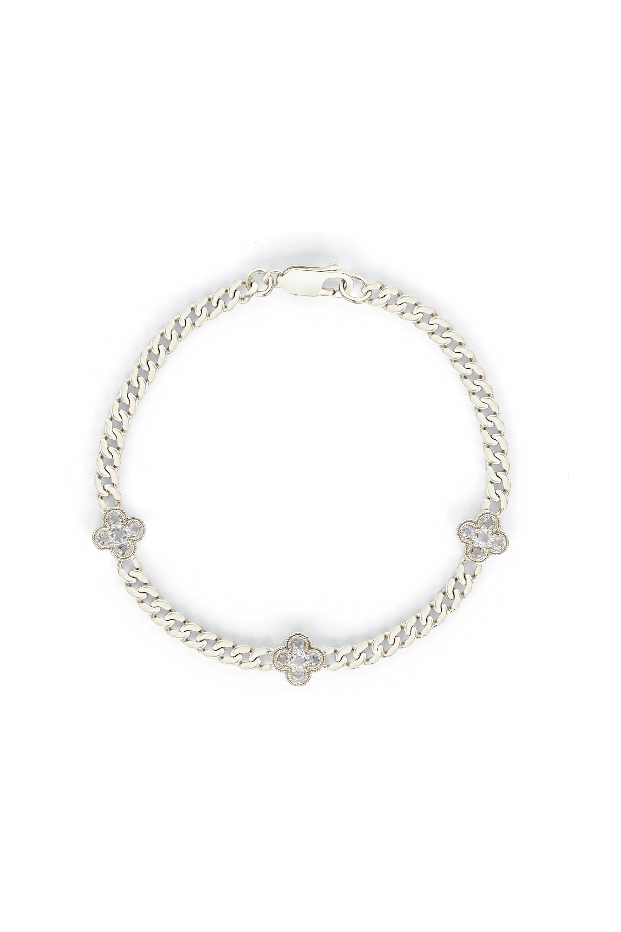 14K White Solid Gold Natural Diamond Flower Charm 7" Cuban Chain Bracelet - Pretty At Sam