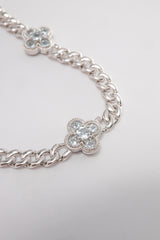 14K White Solid Gold Natural Diamond Flower Charm 7" Cuban Chain Bracelet - Pretty At Sam
