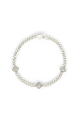 14K White Solid Gold Natural Diamond Flower Charm 7" Cuban Chain Bracelet - Pretty At Sam