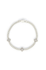 14K White Solid Gold Natural Diamond Flower Charm 7" Cuban Chain Bracelet - Pretty At Sam