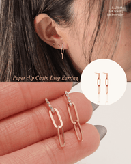 14K Solid Gold Rose Gold Collection CZ Bar Paper Clip Drop Stud Earring