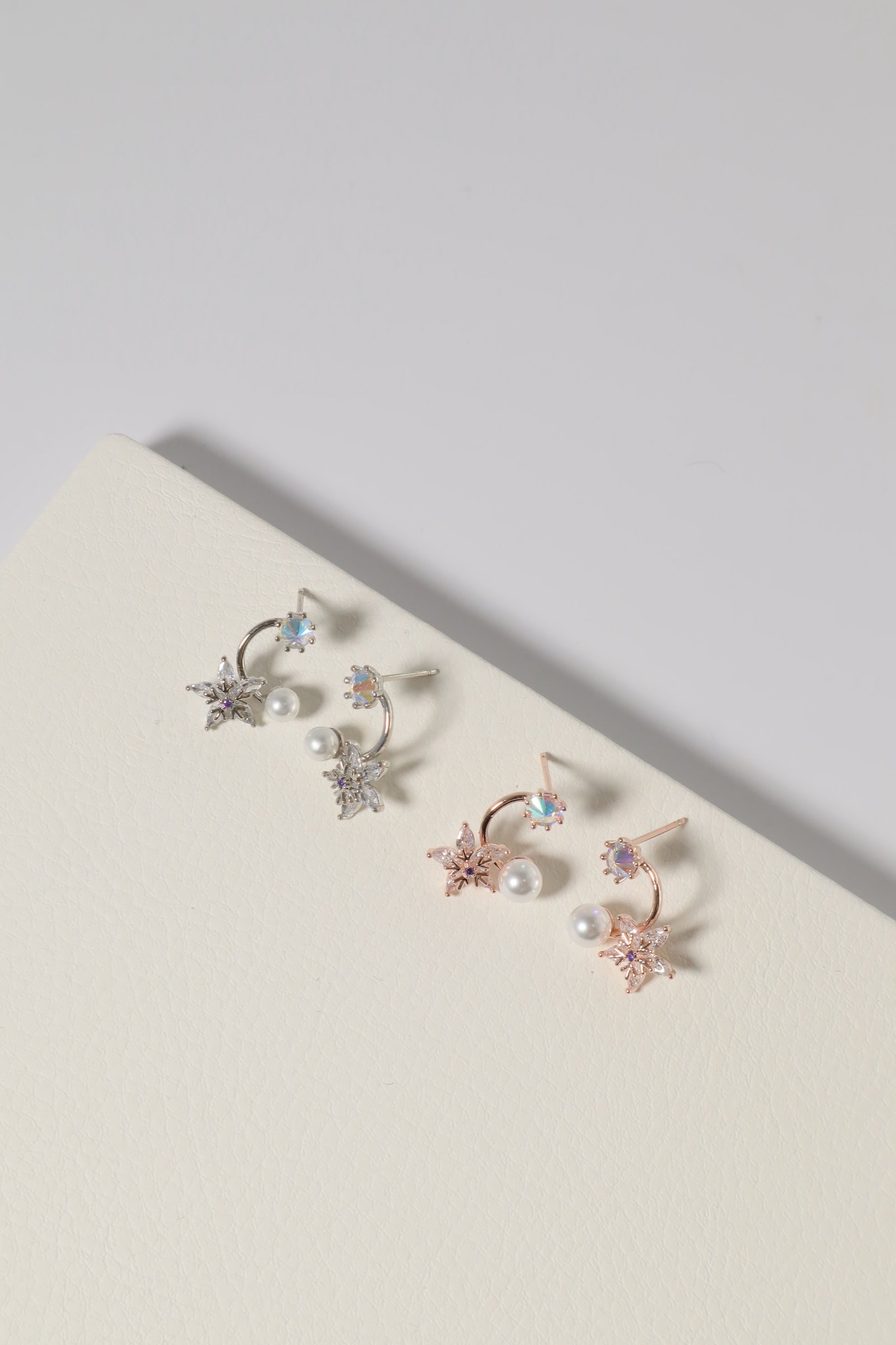 Aurora Stone Linked Star Flower & Pearl Curved Stud Earring - Pretty At Sam