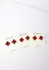 ✨Clover Red Stone Stud Earrings – Rhodium & Gold Plated, Hypoallergenic ✨