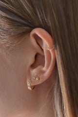 14K Solid Gold Diamond-Cut CZ Floral Huggie Hoop Earrings