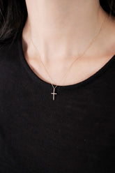 14K solid gold diamond-accented cross necklace