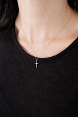 14K solid gold diamond-accented cross necklace
