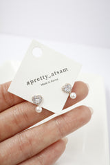 ✨ Crystal Heart Pearl Stud Earrings – Rhodium & Gold Plated, Hypoallergenic ✨