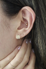 14K Solid Yellow Gold CZ Snowflake Stud Earring