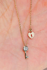14K Solid Gold CZ Key Heart Locket Charm 16" Necklace - Pretty At Sam
