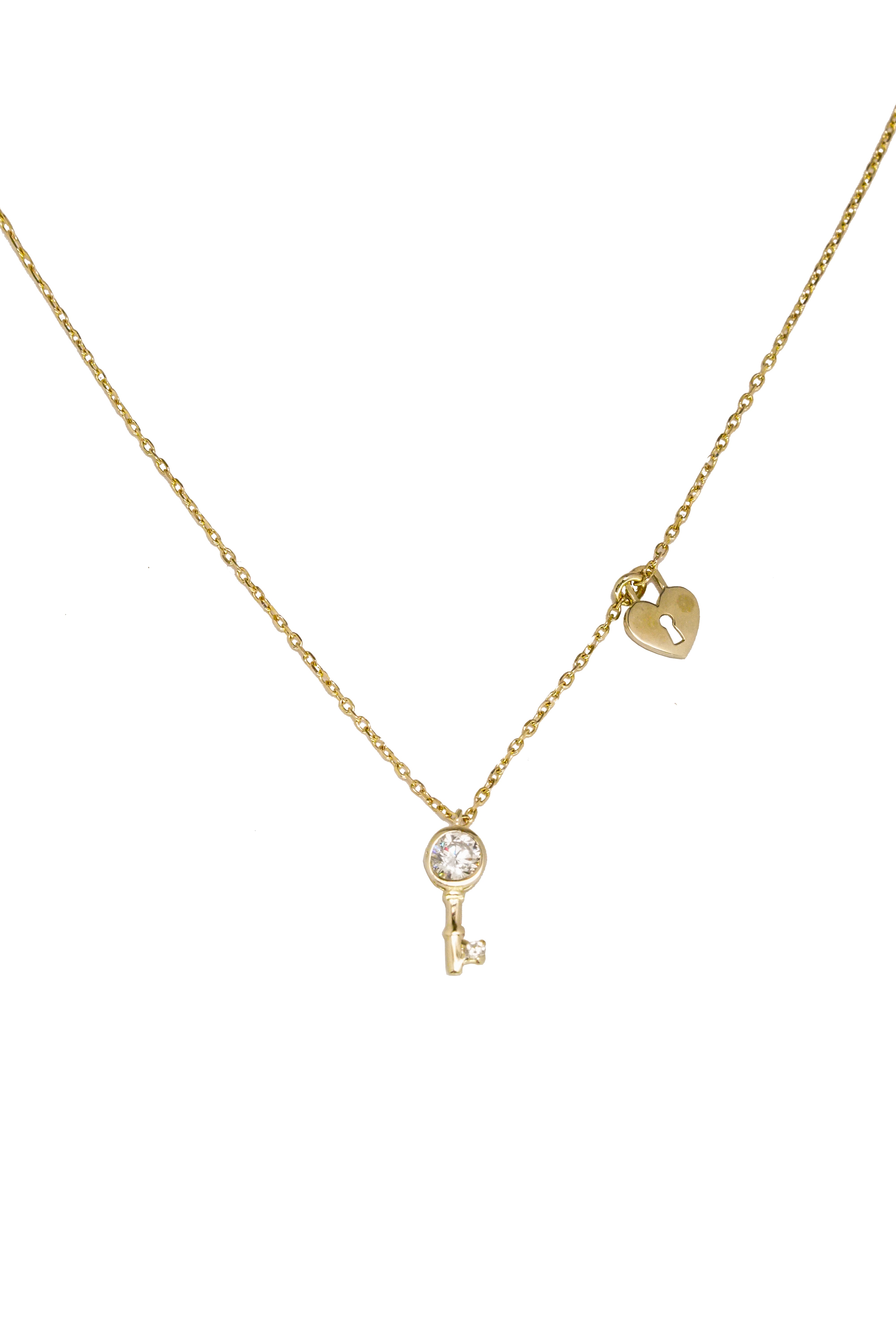 14K Solid Gold CZ Key Heart Locket Charm 16" Necklace - Pretty At Sam