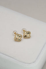 14K Solid Yellow Gold Floral Clover Stud Earring