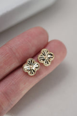 14K Solid Yellow Gold Floral Clover Stud Earring