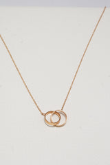 14K Solid Rose Gold Linked Double Rings Charm Round Chain 16" Necklace - Pretty At Sam