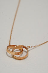 14K Solid Rose Gold Linked Double Rings Charm Round Chain 16" Necklace - Pretty At Sam