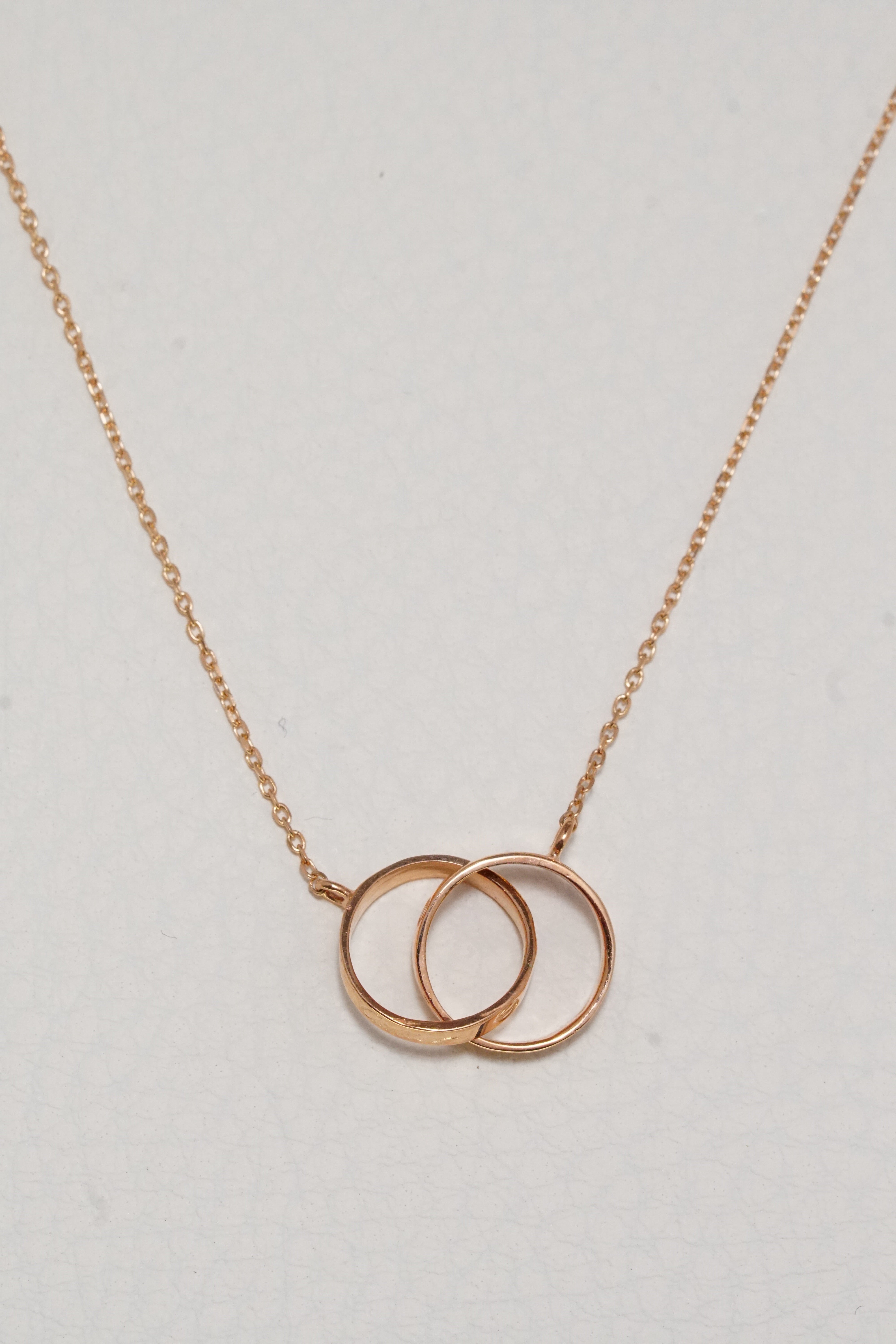 14K Solid Rose Gold Linked Double Rings Charm Round Chain 16" Necklace - Pretty At Sam