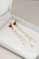 14K Solid Yellow Gold Red Heart Pearl Chain Dangle Drop Earring