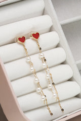 14K Solid Yellow Gold Red Heart Pearl Chain Dangle Drop Earring