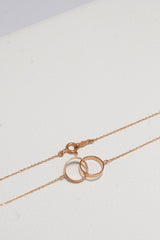 14K Solid Rose Gold Linked Double Rings Charm Round Chain 16" Necklace - Pretty At Sam